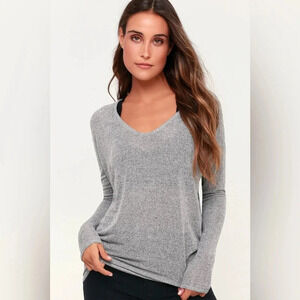 Lulus Bevin Heather Grey Knit Long Sleeve V-Neck Sweater Top size Small